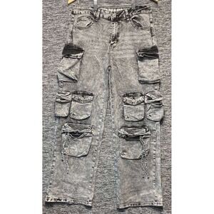 VIP Jeans Cargo Pants Womens 11 Gray Acid Wash Multi Pocket Y2K Streetwear Denim